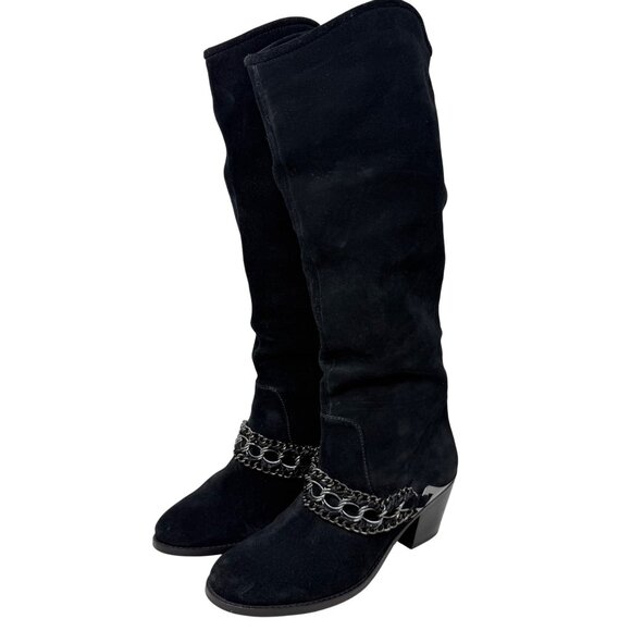 B. Makowsky Womens Black Suede Knee High Western Boots Chain Detail Goth 9M *** - Picture 1 of 9